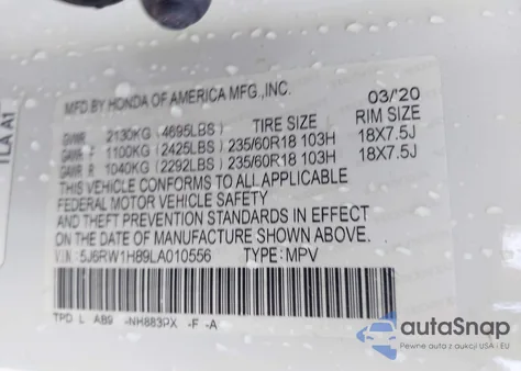 2020 Honda Cr-V 2Wd Ex-L from USA, damaged, VIN 5J6RW1H89LA010556